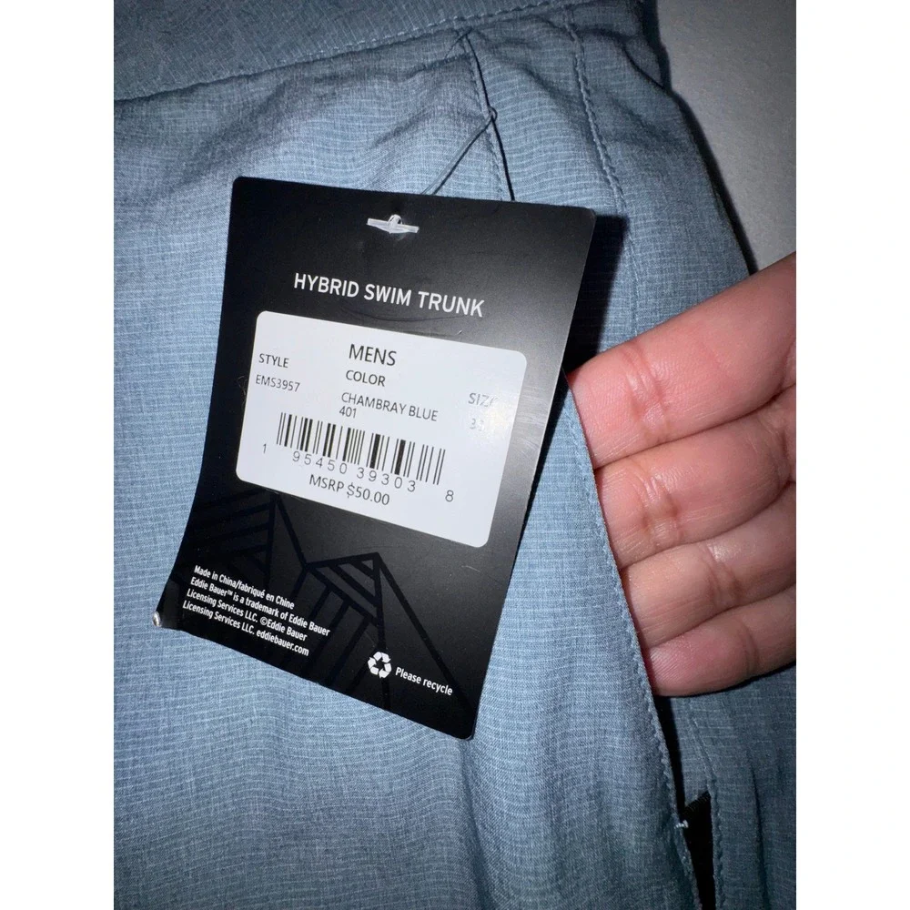 Eddie Bauer Hybrid Swim Trunk Mens 36 Chambray Blue Quick Dry UPF 50 NWT Resort